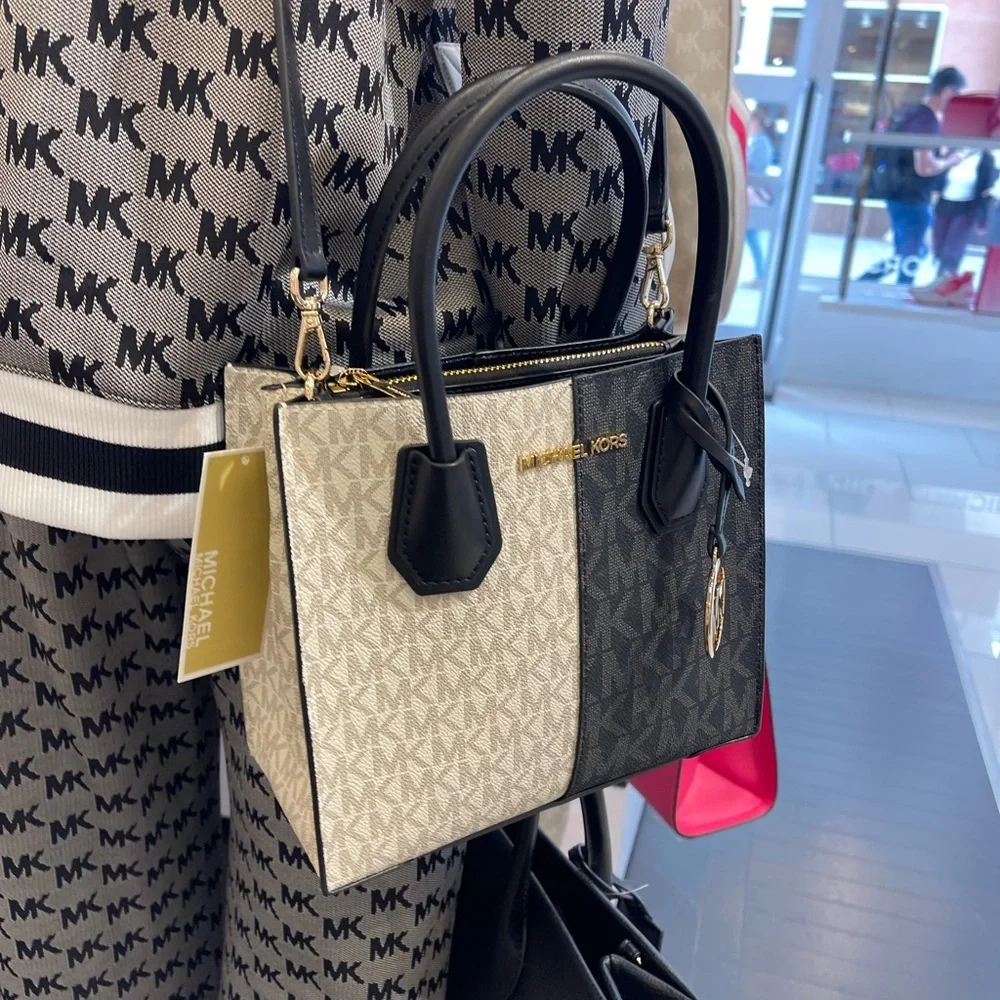 Michael Kors Mercer Md Two-Tone Logo Crossbody Messenger Black Multi Purse NWT